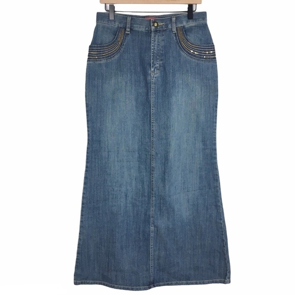 STYLE J Denim Jean Maxi Skirt Long Sequin Y2K Boho Fairy Core Embroidered Size 8 - Picture 1 of 12